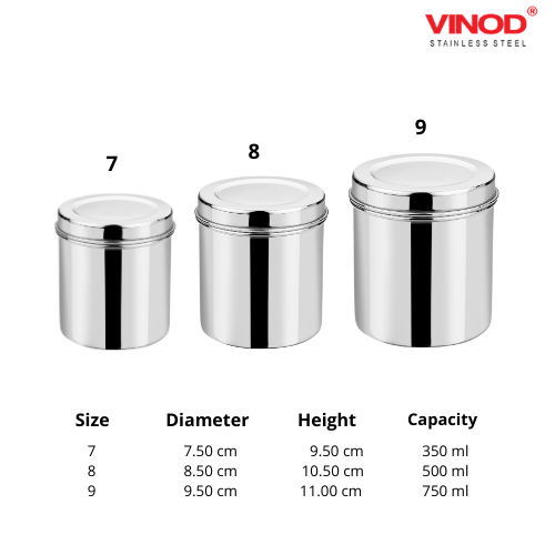 Vinod Stainless Steel Deep Dabba - 350 ml, 500 ml, & 750 ml - Set of 3 pieces