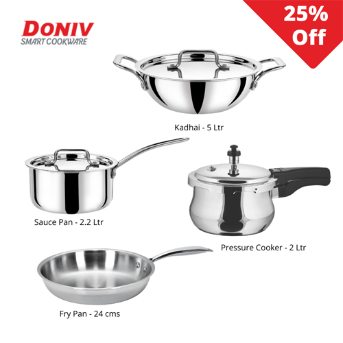 Doniv Titanium Triply 4 pc Large Cookware Set - Pressure Cooker, Kadai, Sauce Pan, Frypan